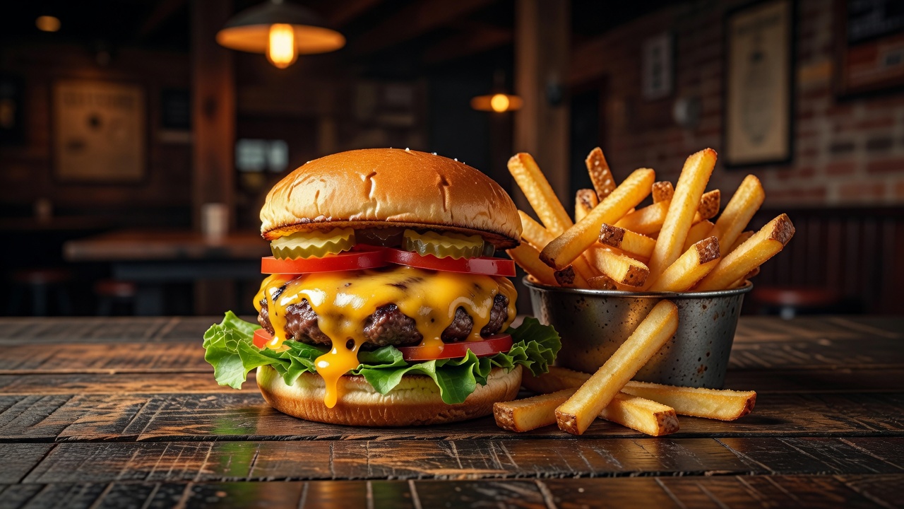 Gourmet cheeseburger and fries